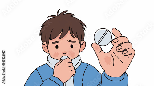 A sick person coughs into their hand while holding a pill