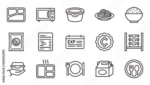 Ready meal and food delivery icons set showing takeout containers, microwave, and prepared food in a minimalist black line art vector illustration style