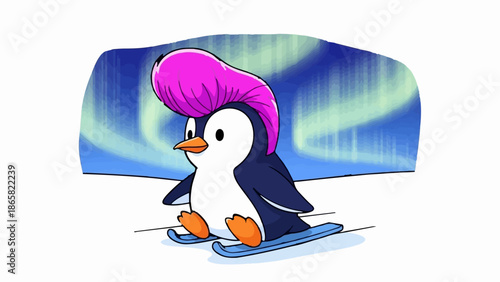 A cartoon penguin with a pink mohawk sits on skis under the aurora borealis