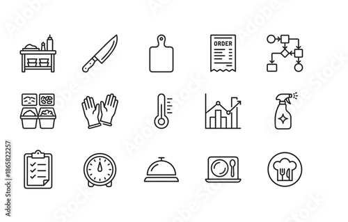 Collection of black outline icons representing restaurant operations, including symbols for cooking, food safety, kitchen equipment, ordering, cleaning, and service management