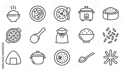 Collection of minimalist rice-themed icons in a simple black outline style, featuring a cooker, bowl, onigiri, spoon, and Asian food dishes for graphic design elements
