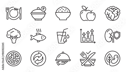 Collection of black line art icons representing diet, nutrition, and healthy eating concepts including food groups, minerals, and health symbols in a minimalist style