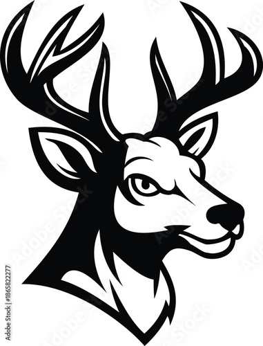 Majestic deer head mascot with large antlers, black and white wildlife stag logo design for sports or hunting apparel