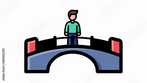 A cartoon person stands on an arched bridge with a blue walkway and black railing
