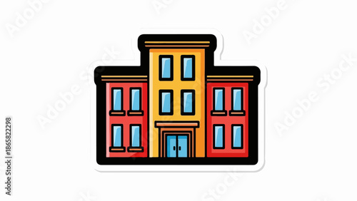 A simple cartoon drawing of a three-story building with red side wings and a yellow center