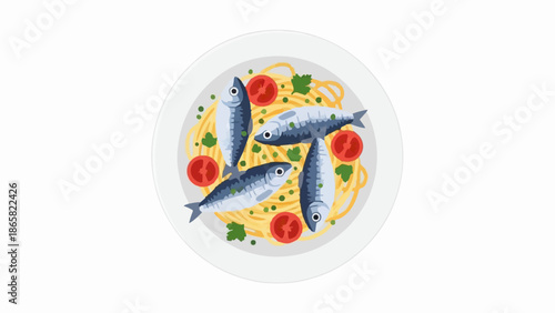A plate of spaghetti with sardines, tomatoes, and parsley