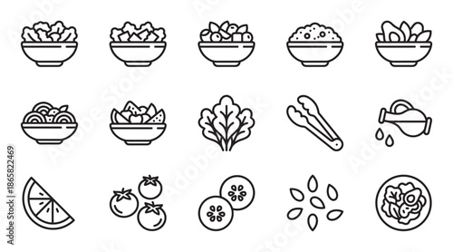 Collection of black line art icons representing salad and healthy food ingredients, including bowls of greens, vegetables, fruits, seeds, dressing, and kitchen utensils