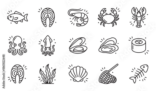 Set of seafood and marine life icons in a simple black line art style, featuring fish, salmon steak, shrimp, crab, lobster, octopus, squid, shellfish, and sushi