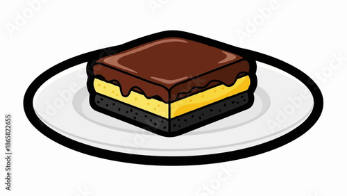 A layered dessert with chocolate frosting sits on a white plate