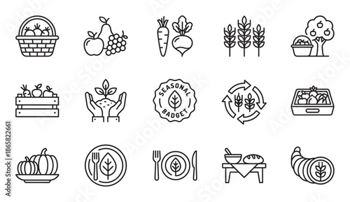 Set of black line art icons representing harvest, seasonal food, and agriculture concepts including fruits, vegetables, wheat, and farming, presented in a clean, minimalist vector style