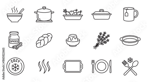 Set of cozy winter food icons in a minimalist line art style showing a soup bowl, cooking pot, spices, bread, tea, and baking dishes for a warm, comforting meal