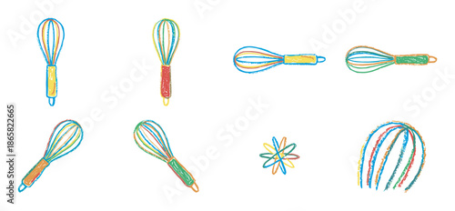 Colorful hand-drawn kitchen whisk illustrations in a playful crayon style, showcasing a set of baking utensils from various angles for a creative and whimsical culinary concept