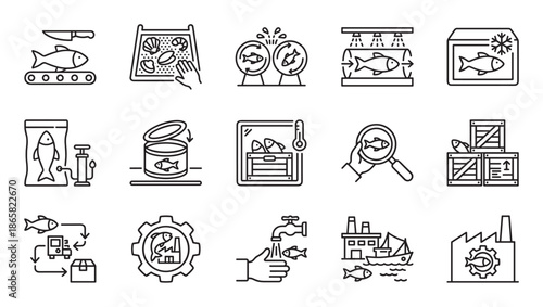 Fish processing and seafood industry line icons showing production stages from catching to packaging, including canning, freezing, and quality control in a minimalist vector style