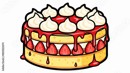 A layered cake with strawberries, whipped cream, and red glaze dripping