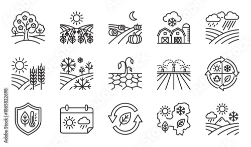 Collection of agriculture and farming line icons showing seasonal changes, weather patterns, and environmental concepts like drought, irrigation, and sustainable cultivation