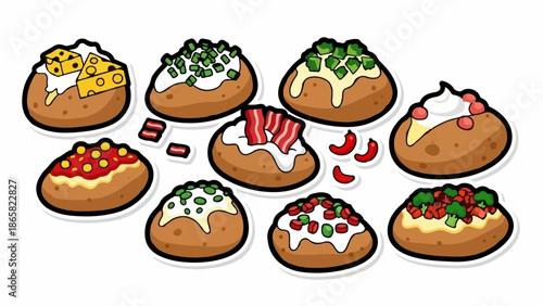 A collection of cartoon baked potatoes with various toppings like cheese, bacon, chives, chili, and more