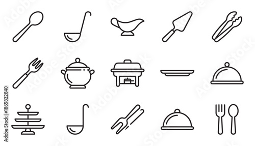 Set of black line art icons for buffet and catering service, featuring kitchenware and serving utensils like a cloche, ladle, chafing dish, tureen, and tiered stand