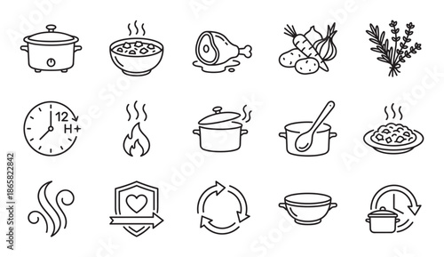 Collection of black line art icons for slow cooking, including a cooker, stew, meat, vegetables, herbs, and timer symbols for homemade meal preparation in a minimalist doodle style