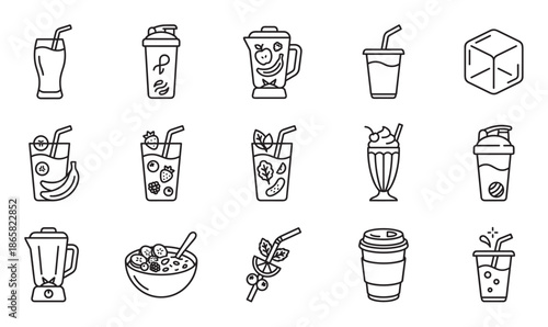 Set of smoothie and juice icons in a minimalist black line art style, illustrating healthy beverages, blenders, shakers, fruit bowls, and milkshakes for a diet or cafe menu