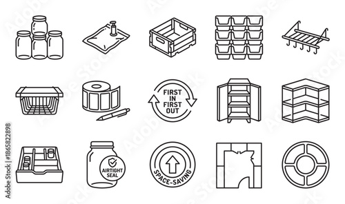 Set of black line art icons representing home organization, pantry storage, and decluttering concepts with various containers, shelves, and labels for efficient household management