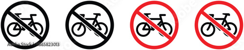 No bicycle icon set features clear prohibition symbols with bicycle silhouettes