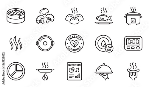 Set of healthy cooking line icons featuring a steamer, fish, dumplings, vegetables, and nutrition symbols for diet and wellness concepts in a minimalist outline style