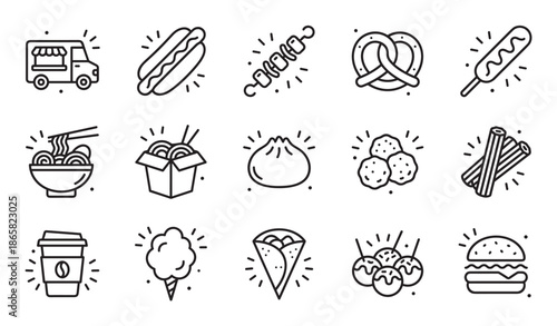 Set of black line art street food icons featuring a food truck, hot dog, burger, noodles, and coffee in a minimalist, clean, and simple linear vector illustration style