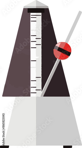 A metronome, a pendulum device used to mark time in music, is depicted