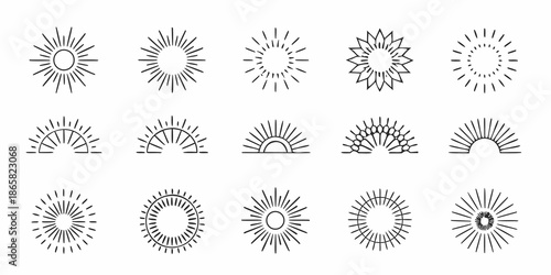 Collection of minimalistic sunburst and radial line designs in black and white