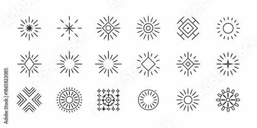 Canvas Print Collection of minimalist geometric shapes and line art sunburst designs displaye