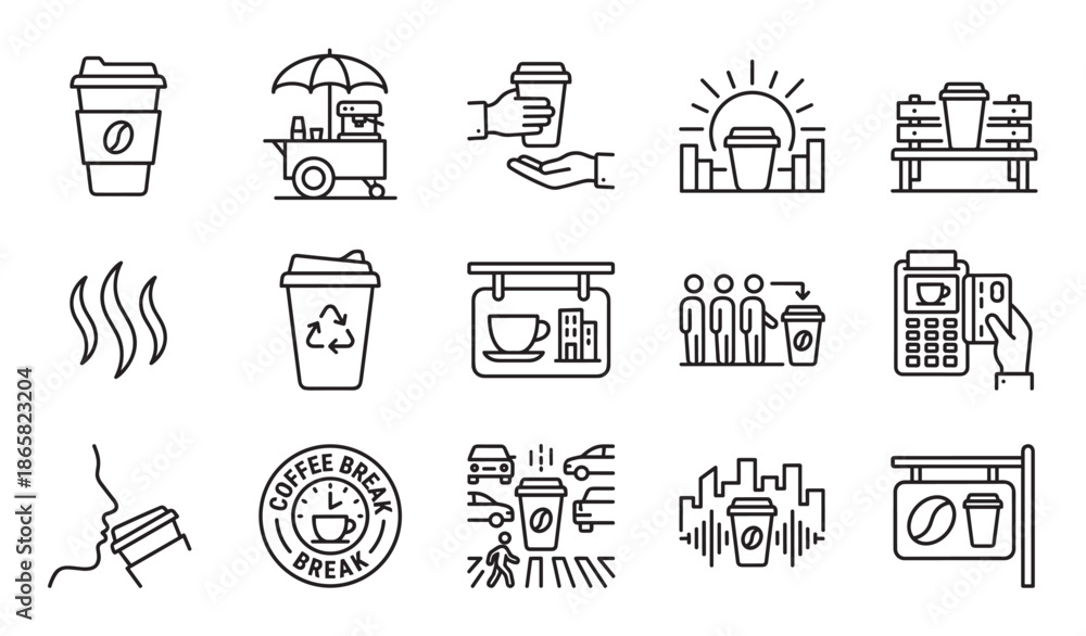 Fototapeta premium Set of black line coffee icons showing takeaway cups, a street cart, payment terminal, and city life concepts in a minimalist outline style for graphic design and user interface
