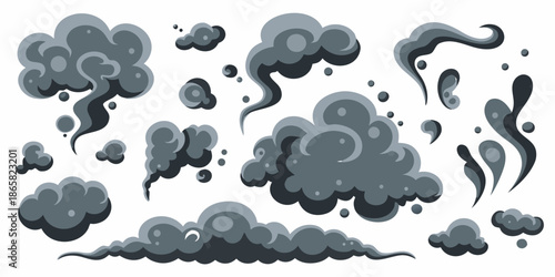 A collection of stylized gray smoke puffs and cloud shapes on a white background