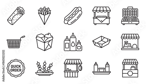 Set of street food line icons featuring a hot dog, french fries, burrito, food stall, and waffle iron in a minimalist black and white vector illustration style for quick service concepts