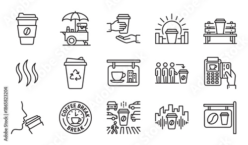 Set of black line coffee icons showing takeaway cups, a street cart, payment terminal, and city life concepts in a minimalist outline style for graphic design and user interface