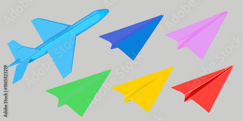 Colorful paper airplanes in various shades float against a neutral gray background