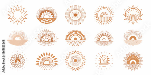 Collection of minimalist sun and wave illustrations in a warm earth tone