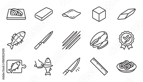 Set of black line icons for fish preparation, including sashimi, sushi rolls, fillets, kitchen knives, and cutting boards, in a clean minimalist vector graphic style