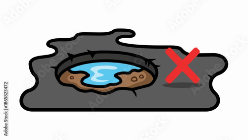 A cartoon pothole with water and a red 'X' mark indicating danger