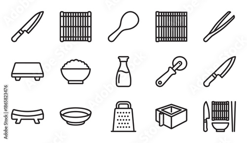 Set of black outline icons representing sushi making tools and Japanese kitchenware, including a bamboo mat, knife, bowl of rice, and soy sauce for cooking