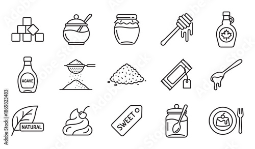 Sugar and sweetener line icon set with various sweet food and dessert symbols like honey, maple syrup, agave, and sugar cubes in a minimalist outline style