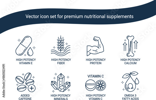 Nutritional supplement icon set for premium vitamins and minerals with health symbols
