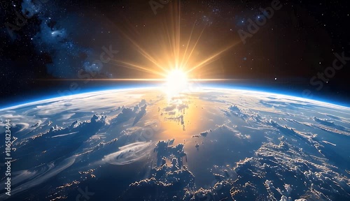 Dramatic Sunrise Over Earth From Space With City Lights Visible Below and Stars Above