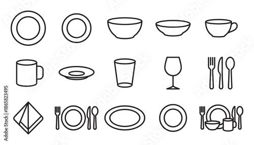 Set of black line art tableware icons showing various kitchen and dining elements like plates, bowls, cutlery, and glasses in a minimalist graphic style for restaurant menus