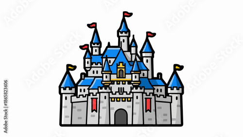 A cartoon castle with blue roofs, white walls, and red and yellow flags