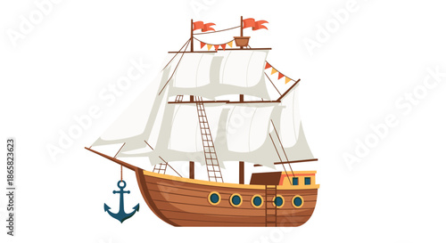 Traditional wooden sailing ship with large white sails and a blue anchor set against a clean white background for design.