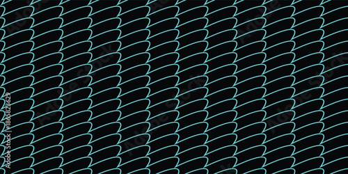 Seamless pattern of neon cyan curved lines on black background. Minimalist geometric vector illustration for wallpaper, textile, and digital backdrops.