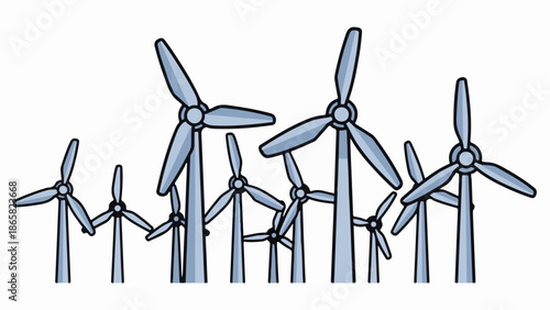 A collection of cartoon-style wind turbines, varying in size, stand against a white background