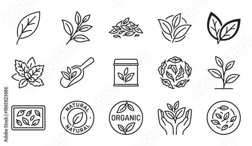 Set of black line art icons for tea and natural products, featuring various leaf designs, mint, herbal elements, organic and natural stamps, and eco-friendly symbols