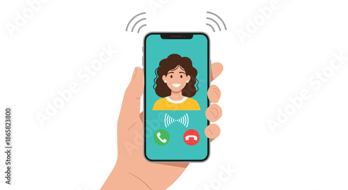 Person holding a smartphone showing an incoming video call from a smiling woman with brown hair on a teal screen background.