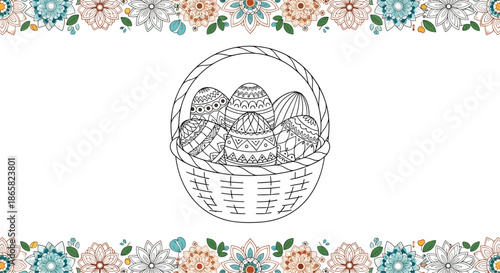Hand drawn basket filled with patterned Easter eggs positioned between two horizontal floral borders on a white background.